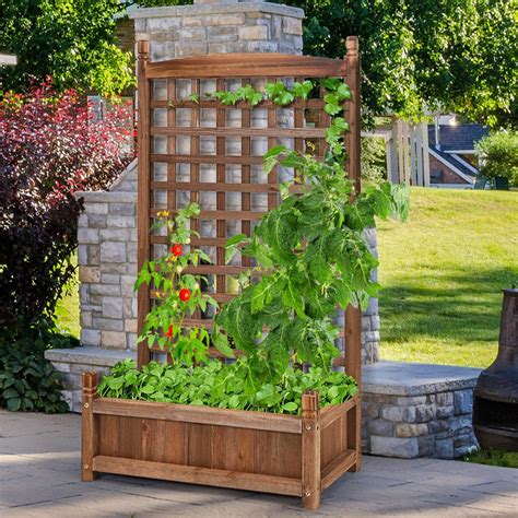 The <strong>trellis</strong> can be used for planting climbing plants or hanging gardening tools. . Raised planter with trellis